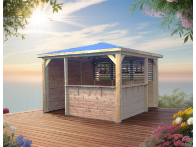 Pool House BLUETERM structure en bois/1 paroi avec mur plein/1 paroi avec ventelles/2 parois avec comptoir