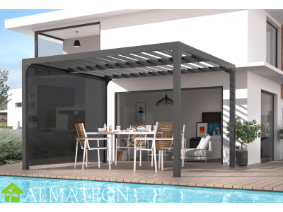 PROMO Pergola de 10,80 m2 bioclimatique en ALUMINIUM ouverture manuelle avec rideau manuel gris pour côté de 3,00 m