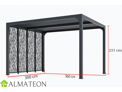 Pergola bioclimatique 10,80 m2 en ALUMINIUM avec 4 panneaux moucharabieh coloris gris pour côté 3 m