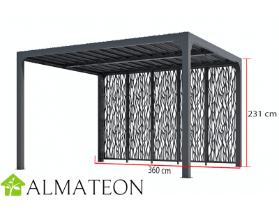 Pergola bioclimatique de 10,80m2 en ALUMINIUM avec 5 panneaux moucharabieh coloris gris pour coté de 3,60m