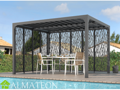 Pergola bioclimatique de 10,80m2 en ALUMINIUM avec panneaux moucharabieh gris pour côté 3,00 m et côté 3,60 m