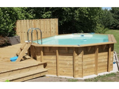 Piscine SUNWATER 300 x 490 x H120 cm liner beige POMPE A CHALEUR 1€ en bois octogonale allongée UBBINK