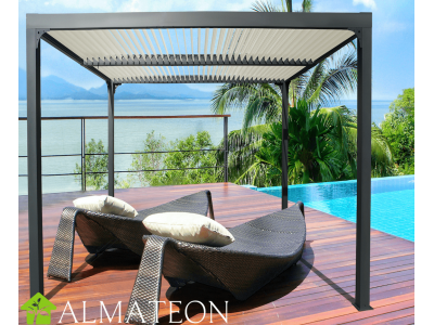 Pergola de 10,80 m2 bioclimatique 3,60 x 3,00 x 2,31 m en ALUMINIUM coloris gris anthracite ventelles écrus