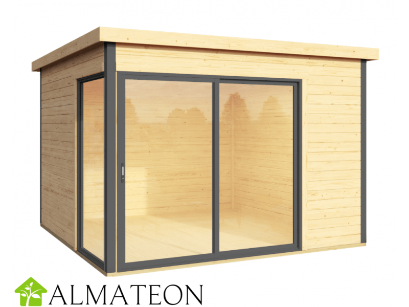 Abri de jardin 16,74 m2 DOMEO 5 PLUS 438 x 438 x 239 cm ou bureau de  télétravail en bois epicea Garantie 5 ans - ALMATEON