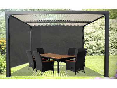 Pergola bioclimatique 10,80 m2 en ALUMINIUM gris anthracite et toiture écru, avec rideau gris côté 3m