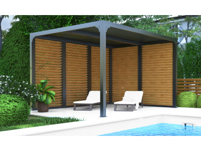 Pergola bioclimatique imitation bois 10,80 m2 et ventelles aluminium mobiles pour un côté 3 m et un côté 3 m 60 HABRIT